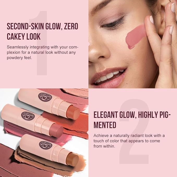 Multi-Use Waterproof Makeup Cream Blush Stick with Brush, Unidollss 3-in-1 Buildable Blush Stick for Cheeks, Eyes, and Lips, All day wear, Easy Application (06 BONFIRE)