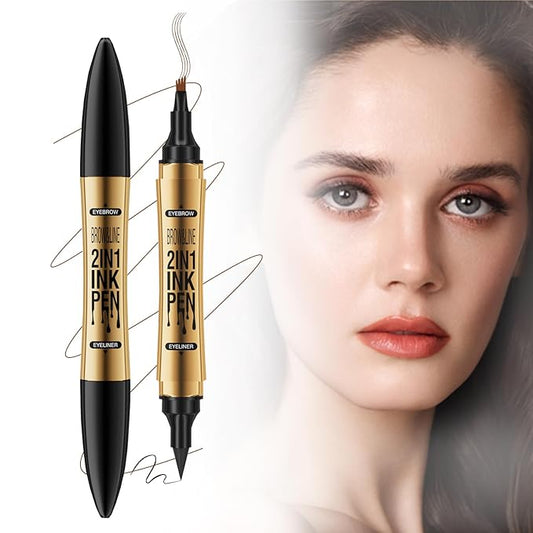 3D Four-Tip Eyebrow Pen & Eyeliner Duo - Waterproof, Long-Lasting, Smudge-Proof, Easy to Use for Perfect Brows and Defined Eyes - Gray Eyebrow Pencil & Black Eyeliner