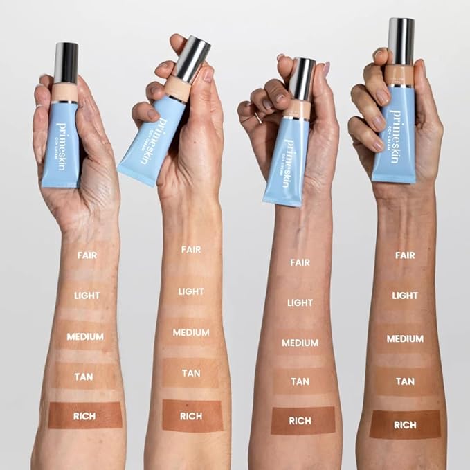 PrimeSkin CC+ Cream for Mature Women – Lightweight Liquid-to-Powder Foundation – Blurs Pores & Covers Age Spots – Crease-Free, Hydrating & Soft-Matte Finish for Sensitive Skin (Tan)