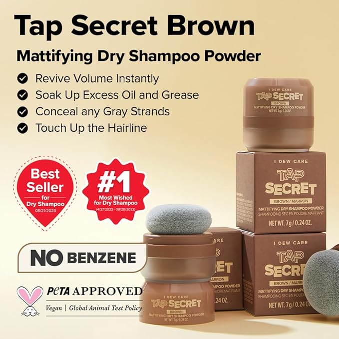 I DEW CARE Biotin Clarifying Dry Shampoo - Tap Secret Brown | Strengthening & Volumizing, Powder Type, Refillable, Travel size, Non-aerosol, Brunette, Korean Ginseng, Easter Basket, 0.24 Oz