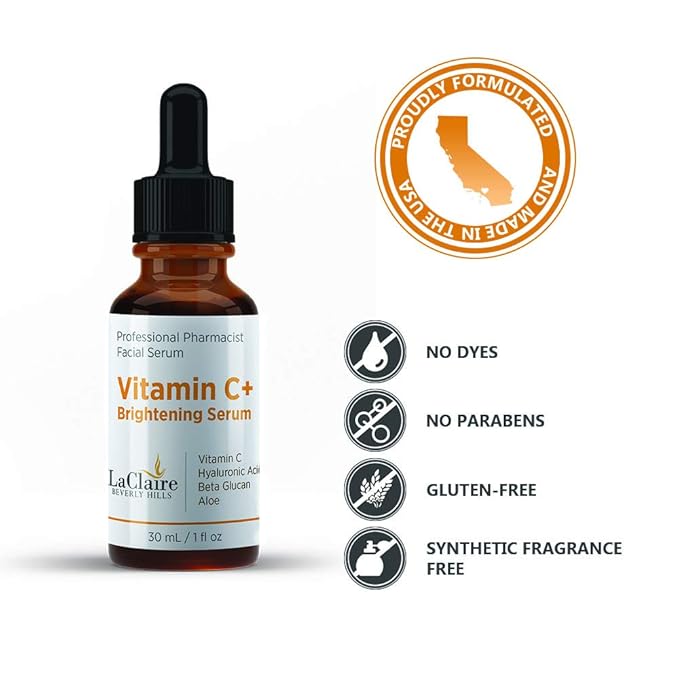 Vitamin C+ brightening serum for face, with Hyaluronic acid, Made in the USA