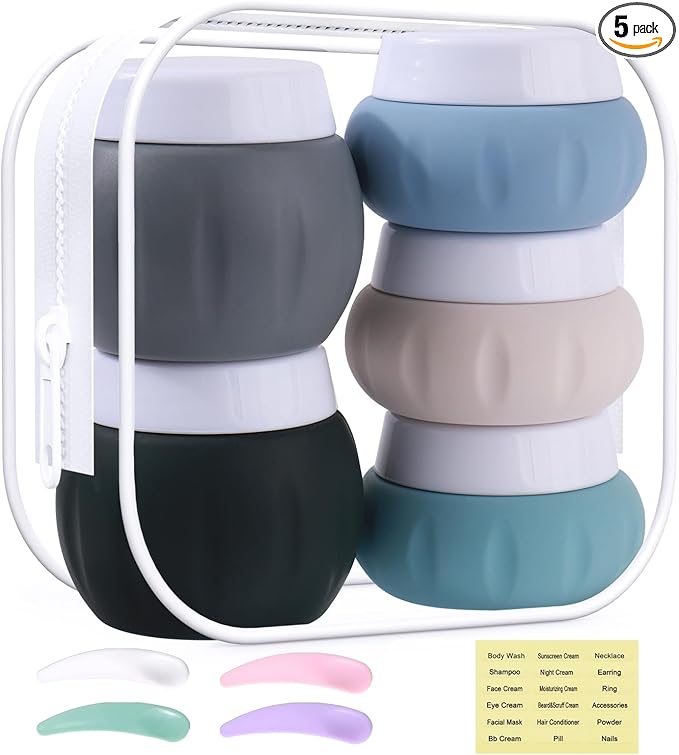 GLAMFIELDS TSA Approved 2pcs 1.7oz+3pcs 1oz Travel Size Silicone Jars BPA Free, Leak-proof Travel Essentials with Lid for Cosmetic, Face, Hand, Body Cream Grey (5Pack)