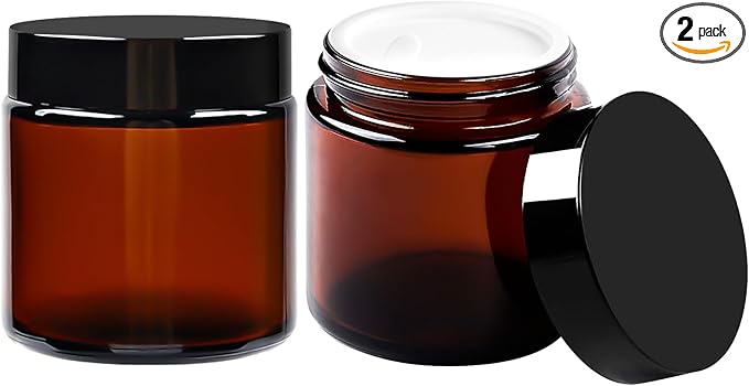TUZAZO 4oz Amber Glass Jars with Lids, 2 Pack Round Small Glass Jars with Inner Liners & Stickers Reusable Empty Cosmetic Containers for Lotions, Body Butters, Creams, Powders, Candles