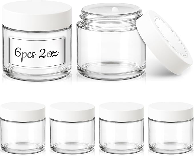 2 oz Glass Jars with Lids, 6 Pack Clear Small Glass Jars with White Lids Leakproof Round Airtight Empty Cosmetic Travel Containers with Inner Liners For Lotions Powders and Candle Making