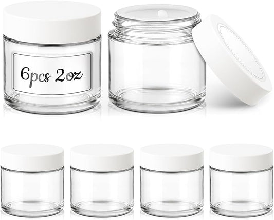 2 oz Glass Jars with Lids, 6 Pack Clear Small Glass Jars with White Lids Leakproof Round Airtight Empty Cosmetic Travel Containers with Inner Liners For Lotions Powders and Candle Making