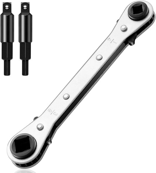 Hvac Service Flat Wrench Tools:3/16” to 3/8” 5/16'' x 1/4''Air Conditioner Valve Flat Ratchet Wrench with 2 Hexagon Bit Adapter Kit for Air Refrigeration Tools and Equipment Repair Tools Clearance