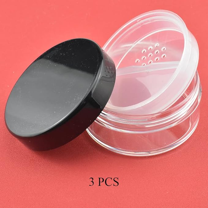 HAHIYO 3Pcs 20ml/0.68oz Plastic Empty Travel Compact Case Makeup Cosmetic Jar Refillable Powder Box No Leak Holder with Rotatable Sifter and Black Screw Lid