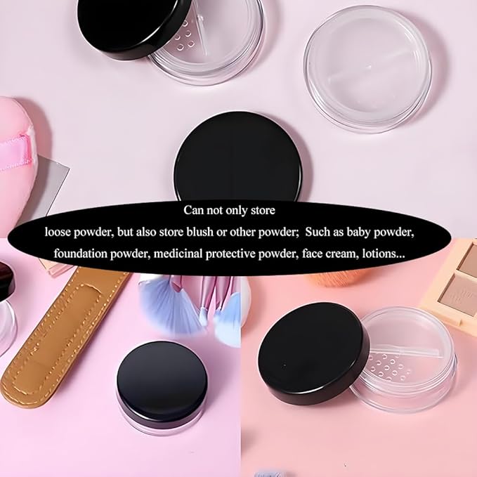 HAHIYO 1Pcs 20ml/0.68oz Plastic Empty Travel Compact Case Makeup Cosmetic Jar Refillable Powder Box No Leak Holder with Rotatable Sifter and Black Screw Lid