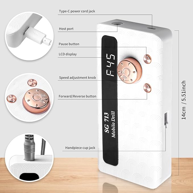 Electric Nail Drill - 45000RPM Portable Nail Drill丨Rechargeable Nail E-File Kit with 11 Bits & Base丨LED Screen丨Ultra-Silent, Rechargeable Nail Drills Machine for Acrylic Nails Gel Polishing(White)