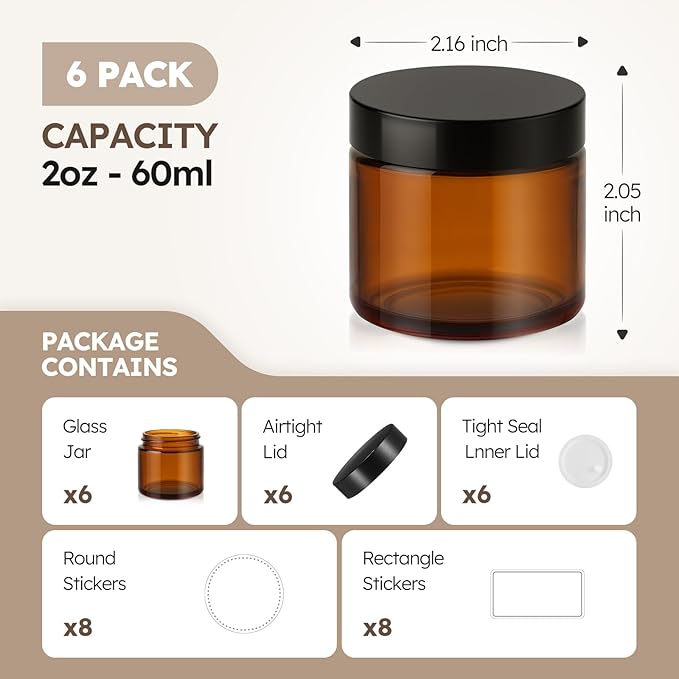 2 oz Glass Jars with Lids, 6 Pack Amber Glass Jars with Black Lids Leakproof Round Airtight Empty Cosmetic Travel Containers with Inner Liners For Lotions Powders and Candle Making