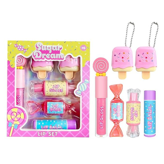 MU 6pc Candy Sweet Lip Gloss Set for Kids - 1 Straight Stick, 2 Ice Cream and 2 Candy Balms, Non-Toxic Girls Birthday Gift, Fun Theme Party Favors