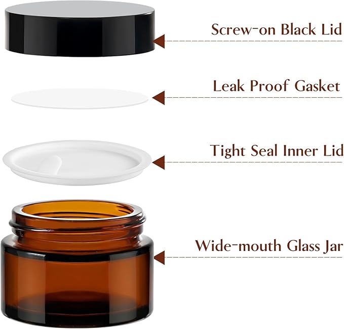 TUZAZO 1oz Glass Jars with Lids, 4 Pack Small Amber Glass Jars with Inner Liners & Stickers Refillable Empty Cosmetic Containers for Creams, Lotions, Body Butters, Powders