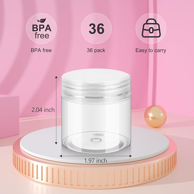 36 Pack 2 OZ Plastic Jars with Lids, BPA Free, Reusable, Refillable Transparent Cosmetic Containers for Bath Salts, Cosmetics, Powders, Beauty Product and Small Accessories - White
