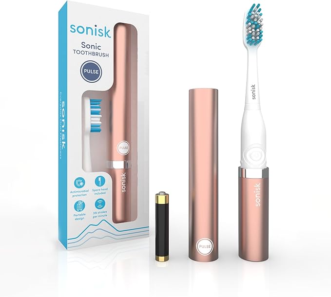 Sonisk Pulse | Battery Powered Electric Toothbrush | Sonic Technology | 1x Battery, 2X Brush Heads, 1x Travel Case Included | 31,000 Strokes Per Minute | Portable Size | Rose Gold