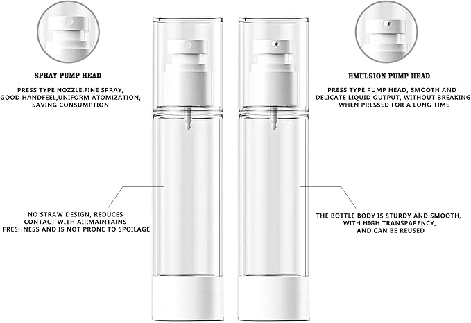 12 Pack 1.7oz/50ML Airless Pump Bottles, 0.5/1 oz 15ml 30ml Clear Refillable Cosmetics Container Spray & Lotion Vacuum Pump Bottle for Cream Lotion, Eye Cream, Liquid, Foundation, Shampoo