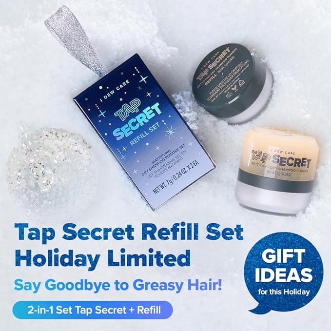 I DEW CARE Biotin Clarifying Dry Shampoo Limited Edition - Tap Secret Refill Set | With Black Ginseng, Non-aerosol, Formulated Without Benzene, Mattifying, Travel Size, Christmas Gifts, 0.24 oz. x 2EA