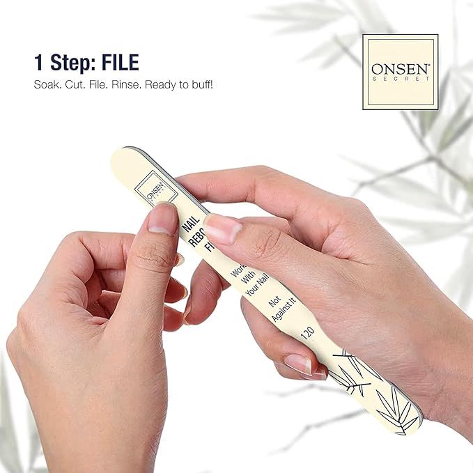 Onsen Secret Ultimate Nail Reboot Kit - Professional Nail File and Buffer, 3-Way Block w/Replacement Pads, Nail Strengthening Cuticle Cream, Reboot Oil & Anti Aging Hand Lotion
