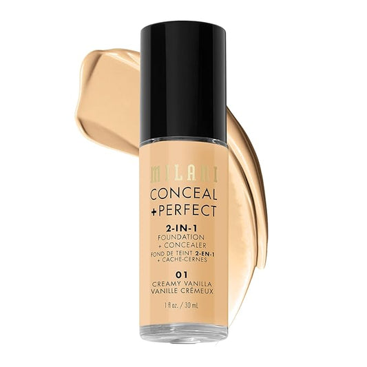 Milani Conceal + Perfect 2-in-1 Foundation + Concealer for a Flawless Complexion, Under Eye Corrector, Cover Redness and Imperfections, Waterproof and Sweatproof - Creamy Vanilla