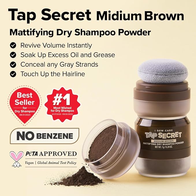 I DEW CARE Tap Secret Dry Shampoo Powder with Biotin - Tap Secret Medium Brown | Strengthening & Volumizing, Powder Type, Refillable, Travel size, Non-aerosol, Brunette, Korean Ginseng, 0.24 Oz