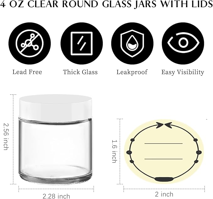 TUZAZO 4oz Small Glass Jars with White Lids, 2 Pack Round Clear Glass Jars with Inner Liners & Stickers Reusable Empty Cosmetic Containers for Lotions, Body Butters, Creams, Powders, Candles