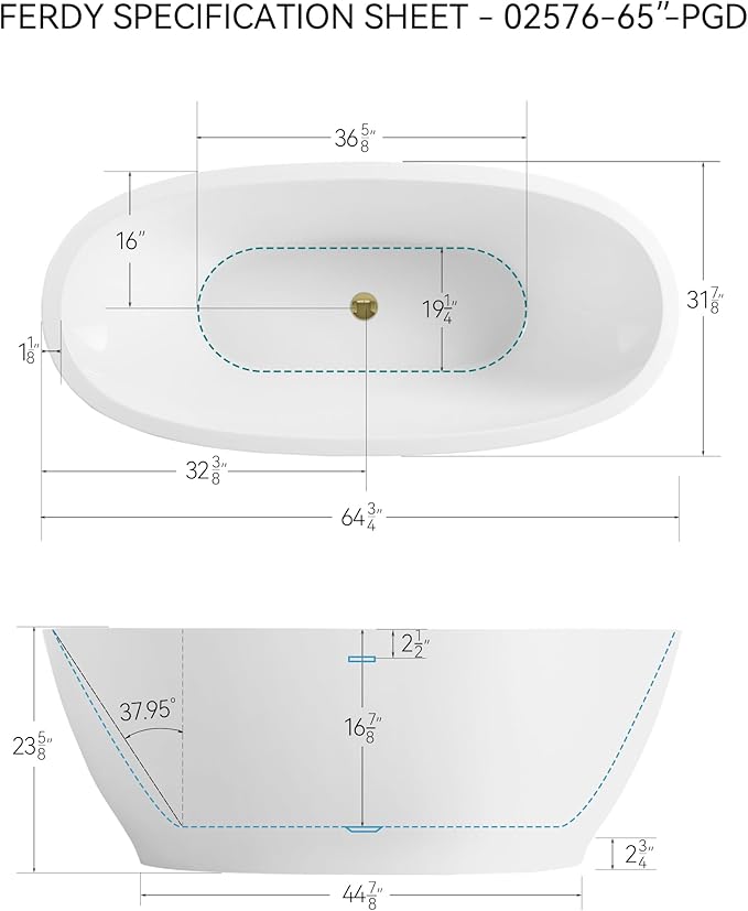 FerdY Koh Samui 65" Freestanding Bathtub, Elegant Oval Shape, Double Walled Insulation Bathtub with Center Polished Gold Drain & Minimalist Linear Design Overflow