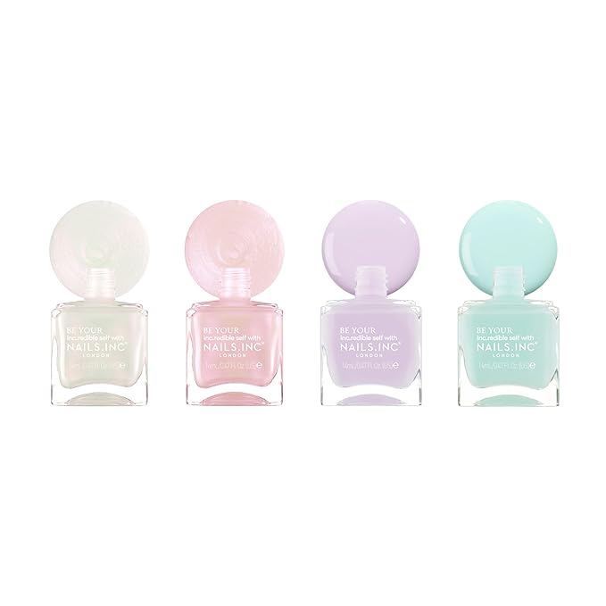 Nails Inc The Glow Story Nail Polish Set, Hyaluronic Acid, Glossy, No Chip, Long Lasting, Quick Dry, Air Dry, Professional Manicures & Pedicures, Fingernails & Toenails, Vegan Nail Polish, 4 Piece Set