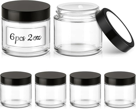 2 oz Glass Jars with Lids, 6 Pack Clear Small Glass Jars with Black Lids Leakproof Round Airtight Empty Cosmetic Travel Containers with Inner Liners For Lotions Powders and Candle Making