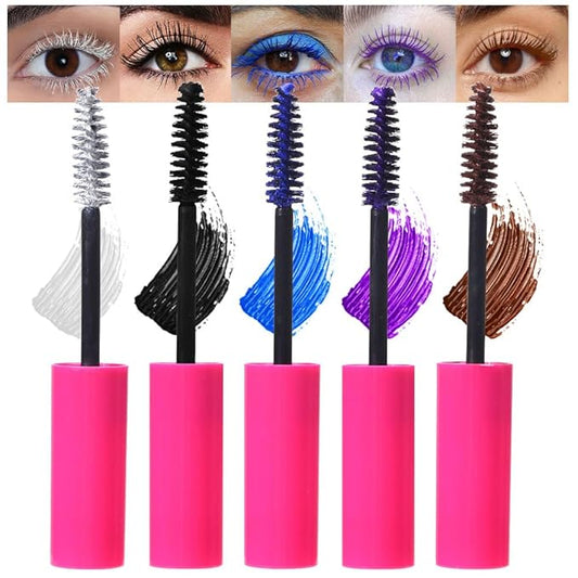 Waterproof 5PCS Colorful Voluminous Mascara Set – Lengthening, Defining, Curling, Multiplying Formula (Cruelty-Free)-White Black Blue Purple Brown Colored Mascara Eyelash Makeup Pack, Festival Gift