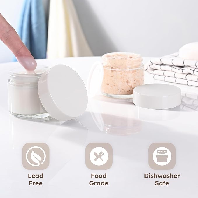 2 oz Glass Jars with Lids, 6 Pack Clear Small Glass Jars with White Lids Leakproof Round Airtight Empty Cosmetic Travel Containers with Inner Liners For Lotions Powders and Candle Making
