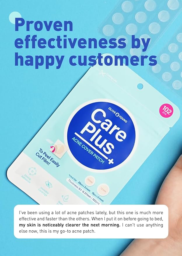 OLIVE YOUNG Care Plus Spot Patch | Hydrocolloid Acne Korean Spot Patch to Cover Zits, Pimples and Blemishes, for Troubled Skin and Face (Hydrocolloid, 102 Count (Pack of 1))