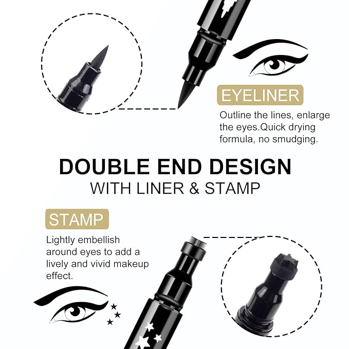 Ownest 3 Pcs Double-sided Liquid Eyeliner Pen,with Eye Makeup Stamp Super Slim Gel Felt Tip High Black Pigment,Waterproof Smudgeproof Long Lasting Eyeliner Eye Tattoo Makeup Tool