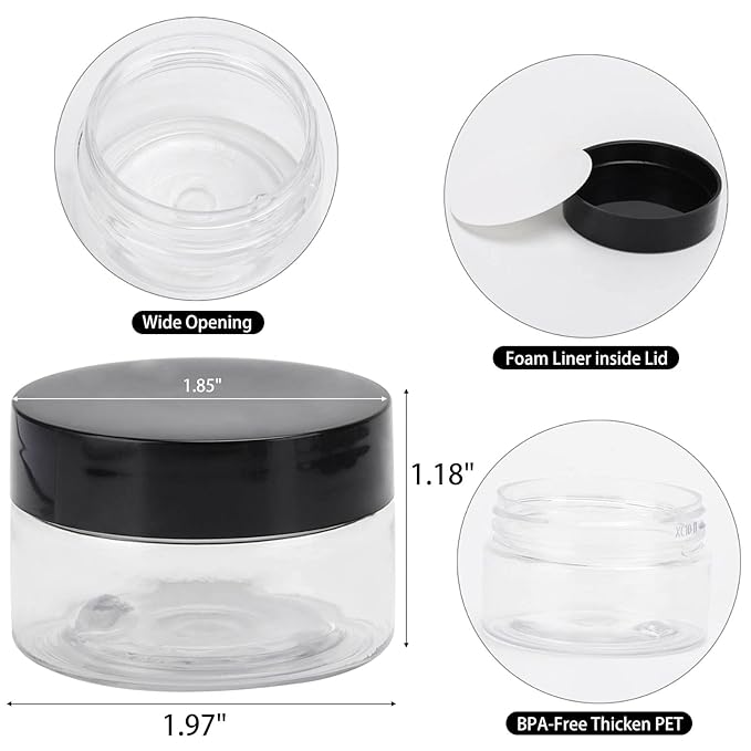 50 Count 1oz Cosmetic Containers with Lids BPA Free Plastic Sample Containers Empty Makeup Containers Refillable Cosmetic Jars Leakproof Travel Jars - Black