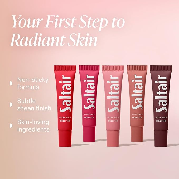 Saltair Hydrating Lip Oil Balm, Clear and Tinted Lip Gloss, Essentials Shades 5-Pack. Moisturizing Vegan Conditioning for Dry Cracked Lips with Glossy High-Shine Finish. Coconut Vanilla Flavor