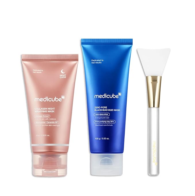 medicube Korean Viral Glass Skin Faical Mask Duo: Collagen Overnight Wrapping Peel Off Facial Mask Pack and Zero Pore Blackhead Mud Facial Mask and Jelly Brush