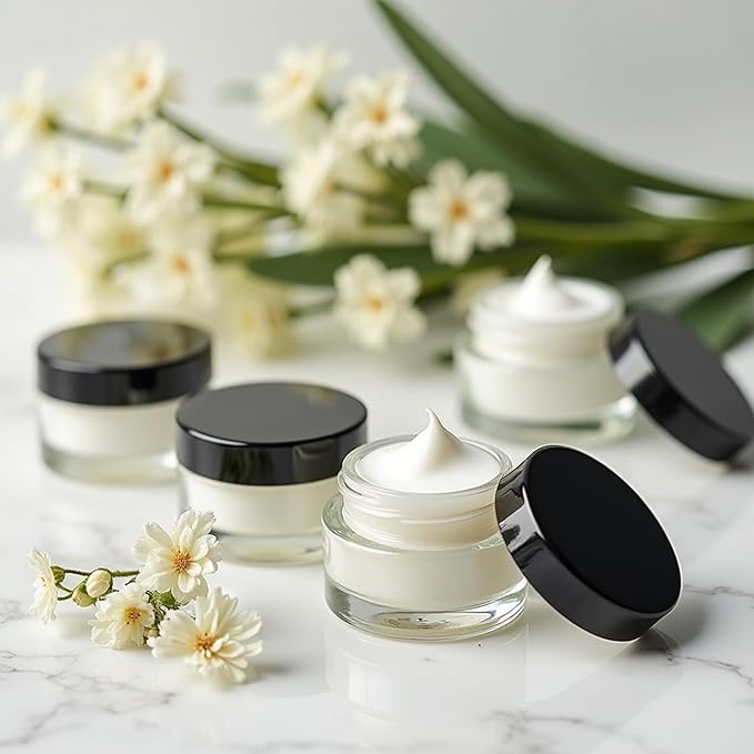 TUZAZO 1oz Glass Jars with Black Lids, 4 Pack Small Glass Jars with Inner Liners & Stickers Refillable Empty Cosmetic Containers for Creams, Lotions, Body Butters, Powders
