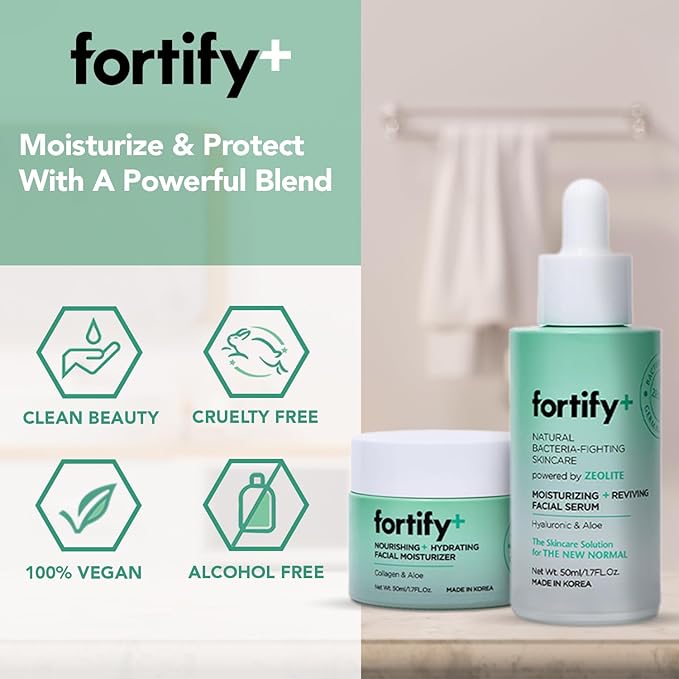 Fortify Anti-Aging Duo Set - Facial Moisturizer & Serum - W/ Collagen, Hyaluronic Acid, Zeolite | Moisturizes, Protects & Rejuvenated | Made in Korea