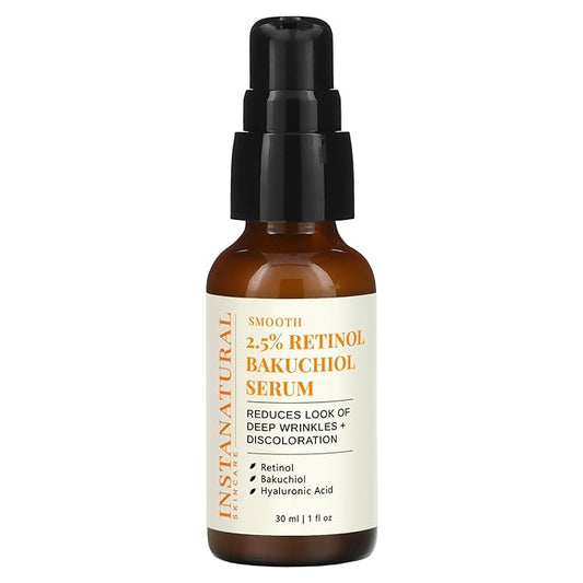 InstaNatural Retinol Serum for Face with 2.5% Retinol, Bakuchiol, Hyaluronic Acid & Squalane | Smoothing Serum for Even-Toned, Youthful-Looking Skin – 1 Fl Oz