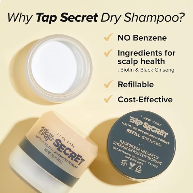 I DEW CARE Tap Secret Dry Shampoo Powder with Biotin - Tap Secret Original | Strengthening & Volumizing, Refillable, Travel size, Non-aerosol, Brunette, Korean Ginseng, Dry Shampoo for Women, 0.24 Oz