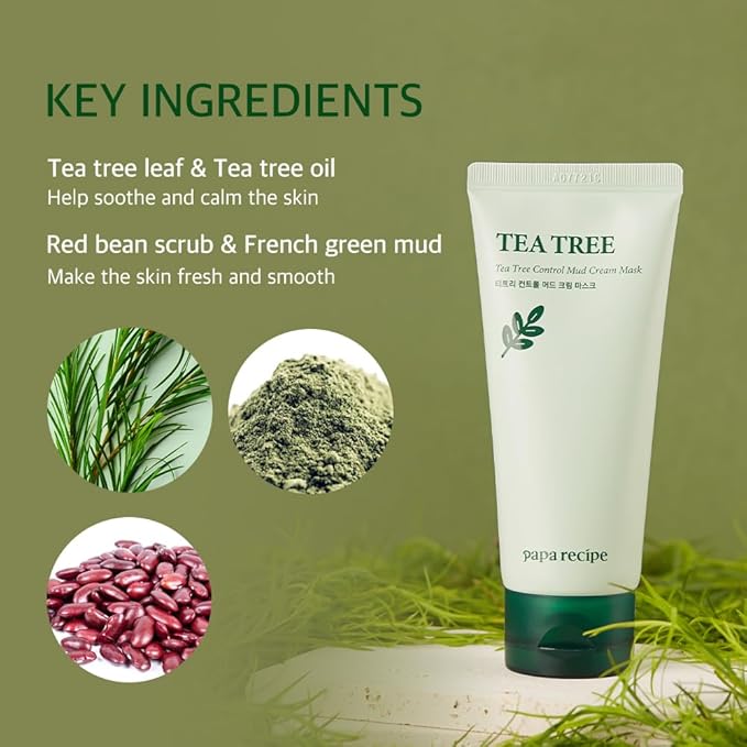 Papa Recipe Kaolin Mud Mask with Eggplant Extract – Hydrating Creamy Clay Mask for Pore Care, Gentle Exfoliation & Daily Use – With 6 Types of Hyaluronic Acid & Cica – Korean Skincare (Tea Tree Mud)