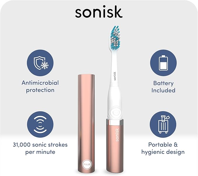 Sonisk Pulse | Battery Powered Electric Toothbrush | Sonic Technology | 1x Battery, 2X Brush Heads, 1x Travel Case Included | 31,000 Strokes Per Minute | Portable Size | Rose Gold