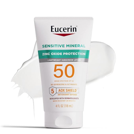 Eucerin Sun Sensitive Mineral Sunscreen Lotion SPF 50 with Zinc Oxide Protection, Hypoallergenic Sunscreen for Sensitive Skin, Oxybenzone and Octinoxate Free, 4 Fl Oz Tube
