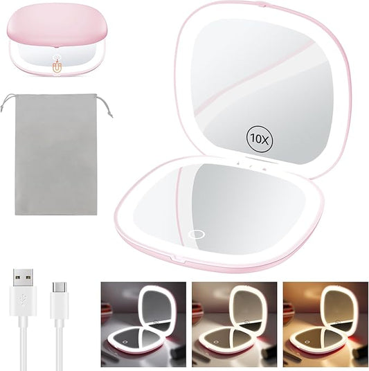 Benbilry 3.9" Rechargeable Compact Makeup Mirror with 3 Light Colors and Magnification 1X / 10X, Double Light Strip Dimmable Small LED Travel Mirror for Purse, Light Pink