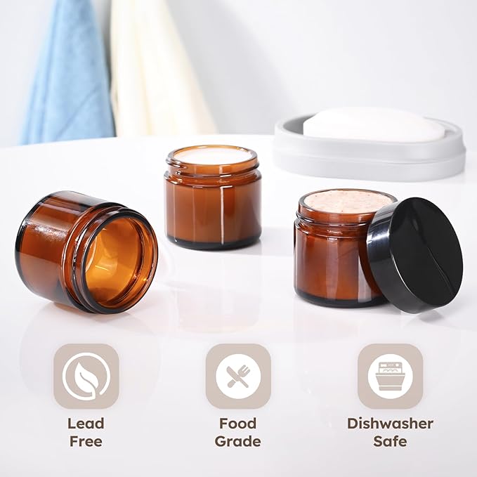 2 oz Glass Jars with Lids, 6 Pack Amber Glass Jars with Black Lids Leakproof Round Airtight Empty Cosmetic Travel Containers with Inner Liners For Lotions Powders and Candle Making
