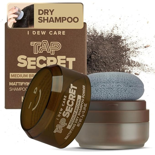 I DEW CARE Tap Secret Dry Shampoo Powder with Biotin - Tap Secret Medium Brown | Strengthening & Volumizing, Powder Type, Refillable, Travel size, Non-aerosol, Brunette, Korean Ginseng, 0.24 Oz