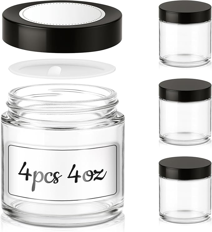 4 oz Glass Jars with Lids, 4 Pack Clear Small Glass Jars with Black Lids Leakproof Round Airtight Empty Cosmetic Travel Containers with Inner Liners For Lotions Powders and Candle Making