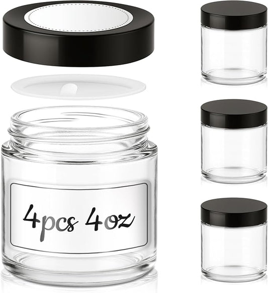 4 oz Glass Jars with Lids, 4 Pack Clear Small Glass Jars with Black Lids Leakproof Round Airtight Empty Cosmetic Travel Containers with Inner Liners For Lotions Powders and Candle Making