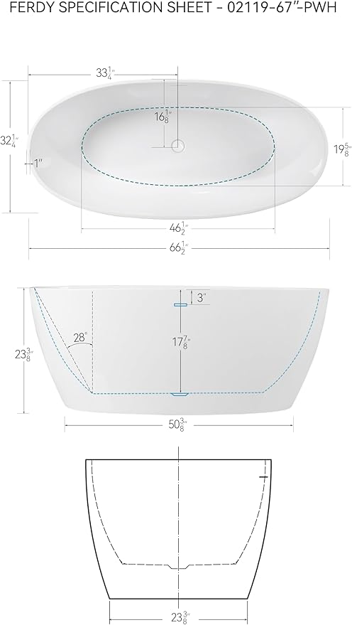 FerdY Tahiti 67" Freestanding Bathtub Elegant Oval Shape, Glossy White Double Walled Insulation bathtub with Center Polished White Drain & Overflow, cUPC Certified
