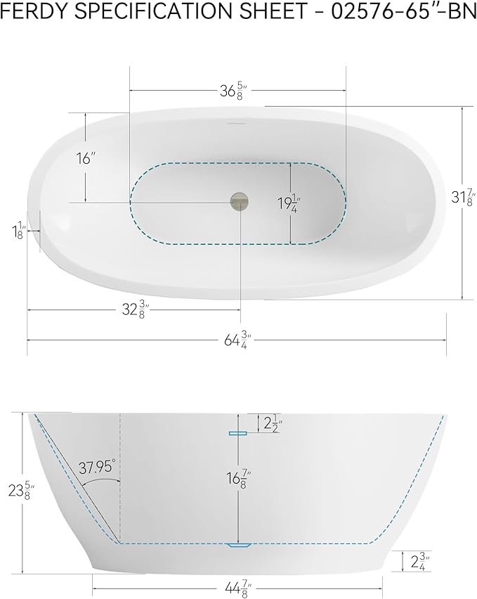 FerdY Koh Samui 65" Freestanding Bathtub, Elegant Oval Shape, Double Walled Insulation Bathtub with Center Brushed Nickel Drain & Minimalist Linear Design Overflow