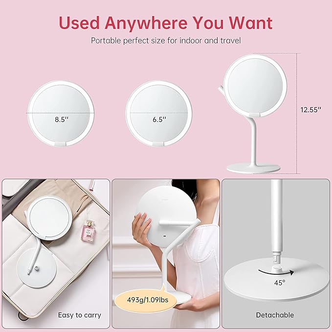AMIRO 8'' LED Makeup Mirror, 5-Level Brightness/Touch Screen Control/Memory Function/180° Rotation/Detachable Small 5X Magnification Mirror
