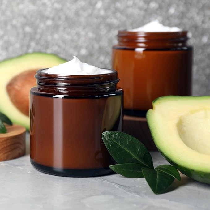 TUZAZO 4oz Amber Glass Jars with Lids, 2 Pack Round Small Glass Jars with Inner Liners & Stickers Reusable Empty Cosmetic Containers for Lotions, Body Butters, Creams, Powders, Candles